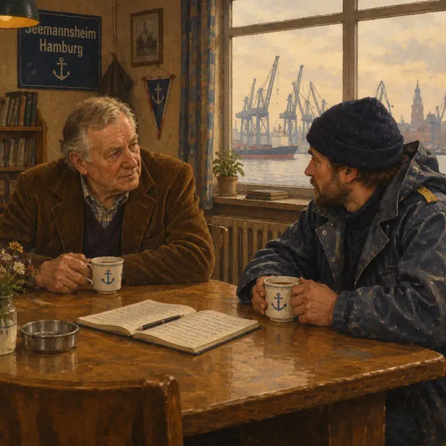 Illustration: Gespräch zwischen Seemannsheim-Leiter und Seemann am Krayenkamp in Hamburg, im Hintergrund Hafenkräne