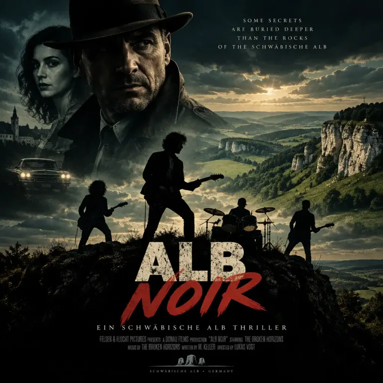 Filmposter-artiges Bild kombiniert US-Krimiserien-Atmosphäre mit der Schwäbischen Alb und einer Rockband-Silhouette