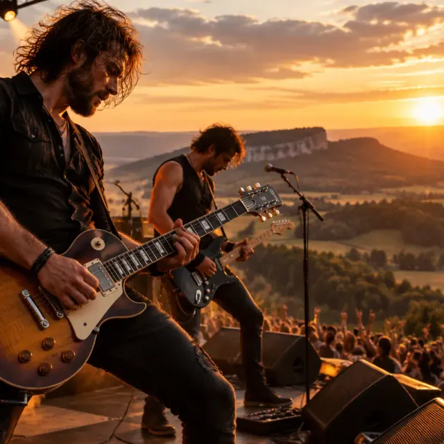 Rockband spielt bei Sonnenuntergang vor der Kulisse der Schwäbischen Alb