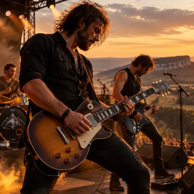 Rockband spielt bei Sonnenuntergang vor der Kulisse der Schwäbischen Alb