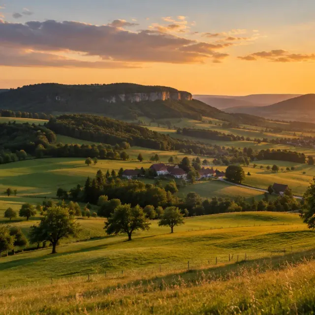 Sommerliche Landschaft der Schwäbischen Alb im Abendlicht