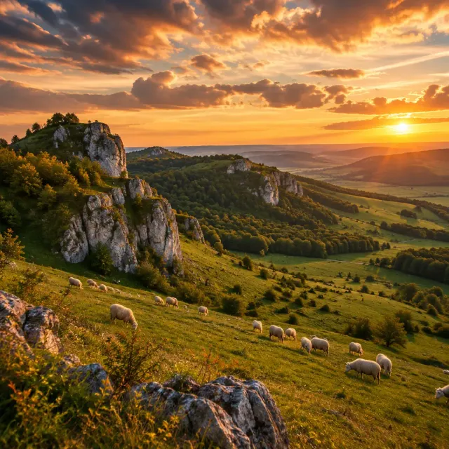 Weiter Panoramablick über die Schwäbische Alb im goldenen Abendlicht